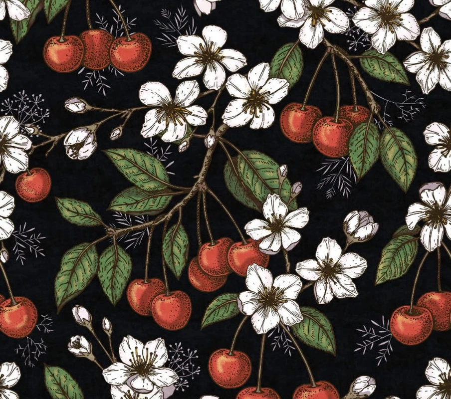 Фотообои на стену - цветы, обои ягоды, обои с ягодами, ягоды фрукты обои, черные, на черном фоне, вишня