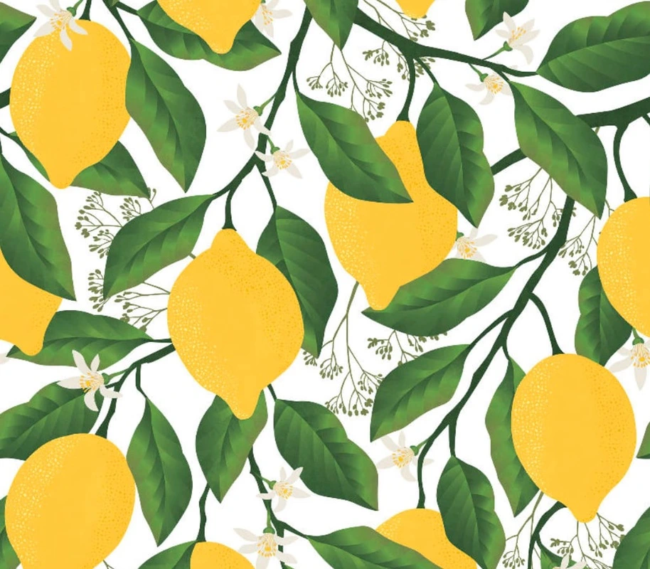 Фотообои и фрески на стену - цветы, с фруктами, с листьями, лимоны, желтая, зеленая, на белом фоне