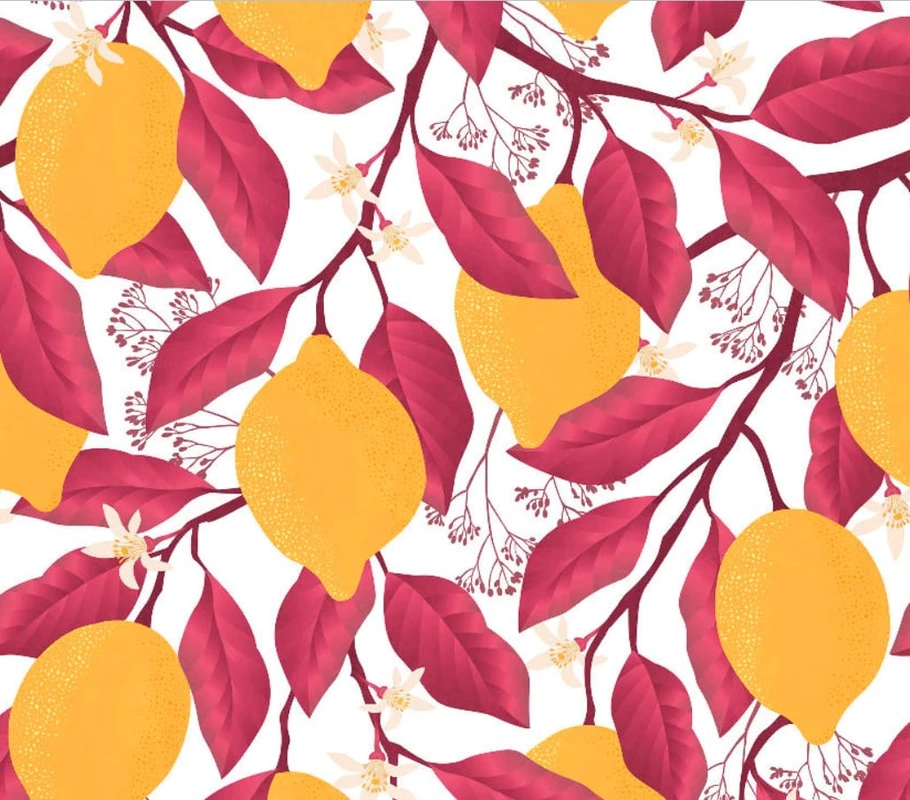 Фотообои и фрески на стену - цветы, с фруктами, с листьями, лимоны, желтая, розовая, на белом фоне