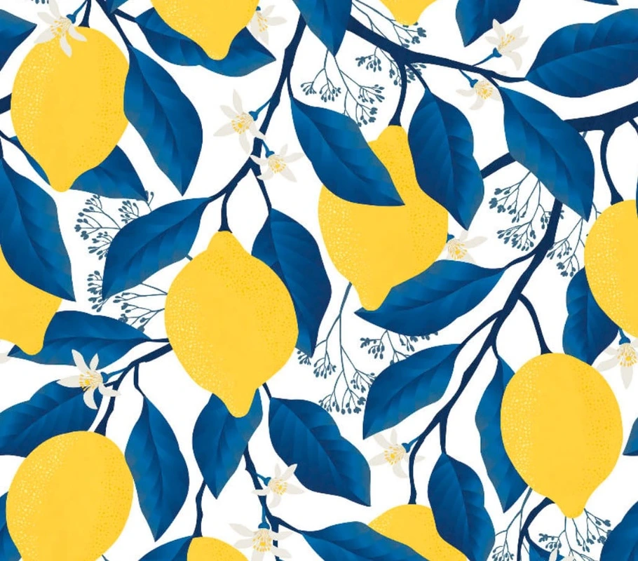 Фотообои и фрески на стену - цветы, с фруктами, с листьями, лимоны, желтая, синий, на белом фоне