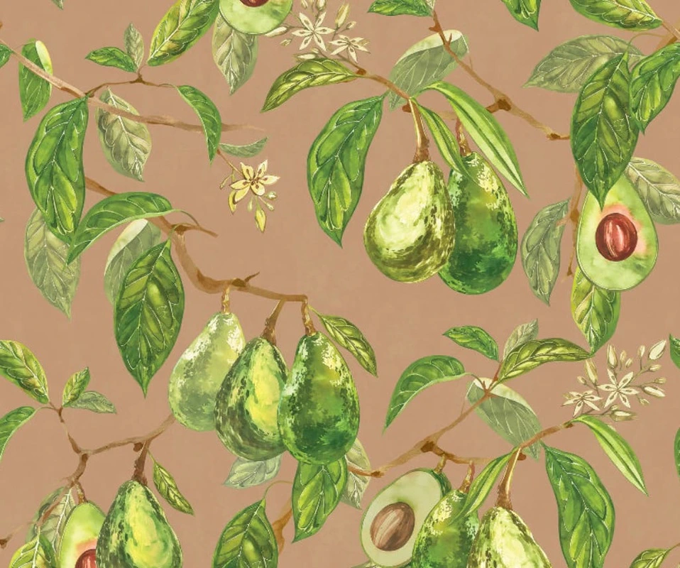 Фотообои и фрески на стену - цветы, листья, фрукты, овощи, авокадо, зеленая, на бежевом фоне, с авокадо