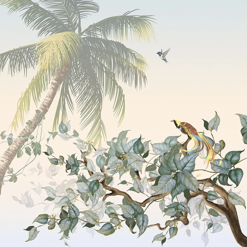Фотообои и фрески на стену - пальма, тропические листья, птицы, экзотика, ветви деревьев, закат, пастельные тона, тропический пейзаж, для гостиной, для спальни, для офиса, расширяющие пространство, лето, минимализм
