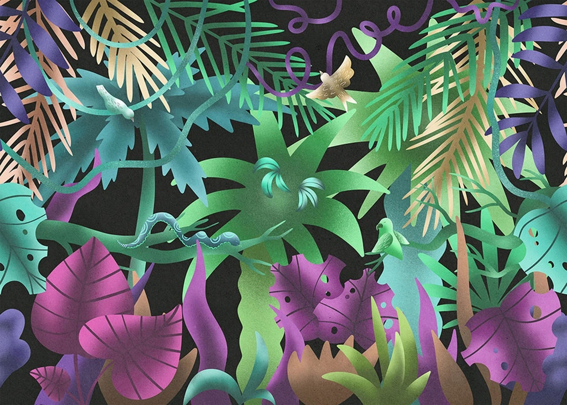 Фотообои на стену - тропические листья, яркие цвета, экзотические растения, попугаи, змеи, фиолетовые листья, зеленая листва, тропический фон, абстракция, джунгли, декоративный рисунок, для гостиной, для спальни, современный стиль