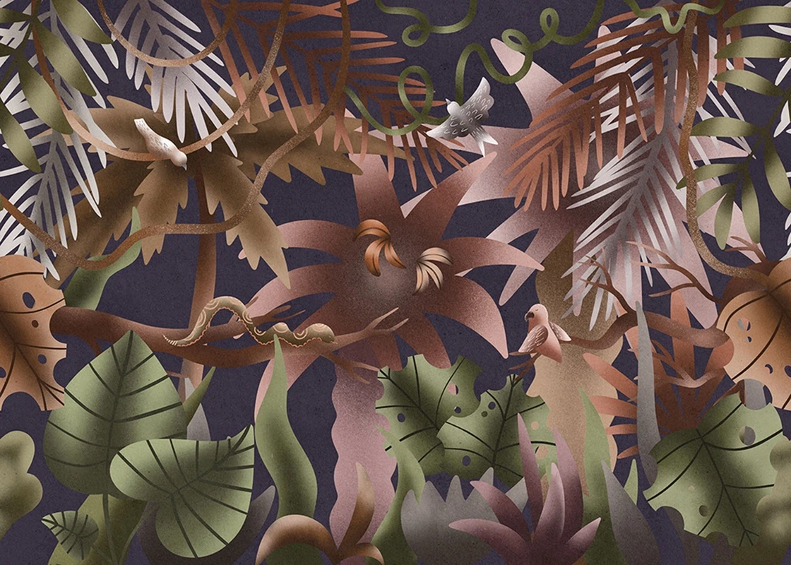 Фотообои на стену - тропические листья, экзотические растения, попугаи, змеи, коричневые и оранжевые оттенки, зеленая листва, декоративный узор, джунгли, абстракция, современный стиль, для гостиной, для спальни, тропический фон