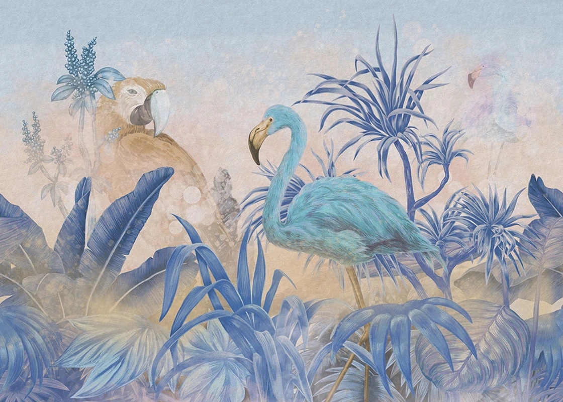 Фотообои на стену - фламинго, тропические растения, банановые листья, зелень, синие птицы, экзотика, тропический пейзаж, пастельные оттенки, для гостиной, для спальни, декоративный рисунок, лето, расширяющие пространство