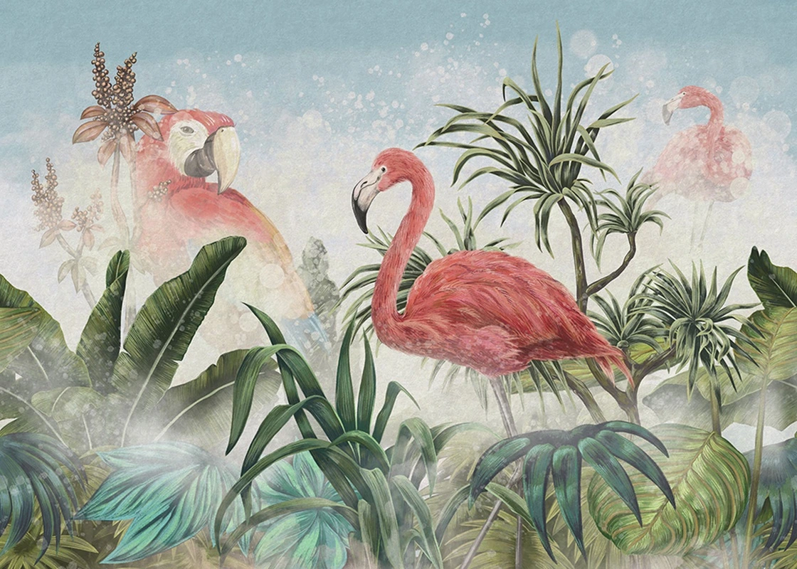 Фотообои и фрески на стену - фламинго, тропические растения, банановые листья, зелень, розовые птицы, экзотика, тропический пейзаж, яркие цвета, для гостиной, для спальни, декоративный рисунок, лето, расширяющие пространство