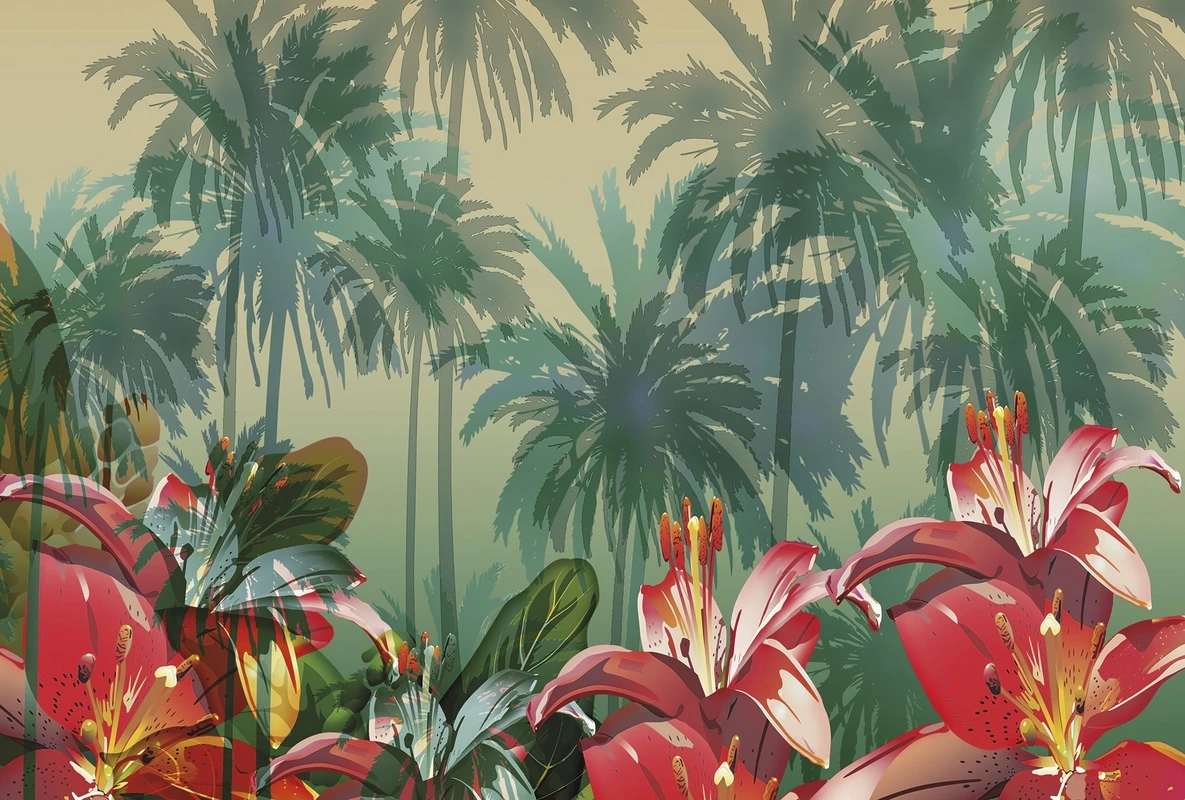 Фотообои и фрески на стену - пальмы, тропические цветы, красные лилии, зелень, экзотика, тропический пейзаж, яркие цвета, лето, для гостиной, для спальни, декоративный рисунок, расширяющие пространство, фон для интерьера