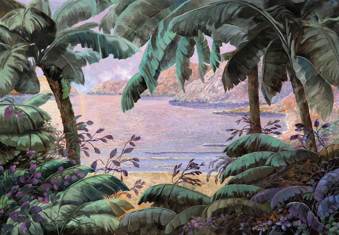 Фотообои на стену - тропический пейзаж, пальмы, банановые листья, море, пляж, скалы, закат, экзотика, зелень, живопись, для гостиной, для спальни, лето, расширяющие пространство, природа