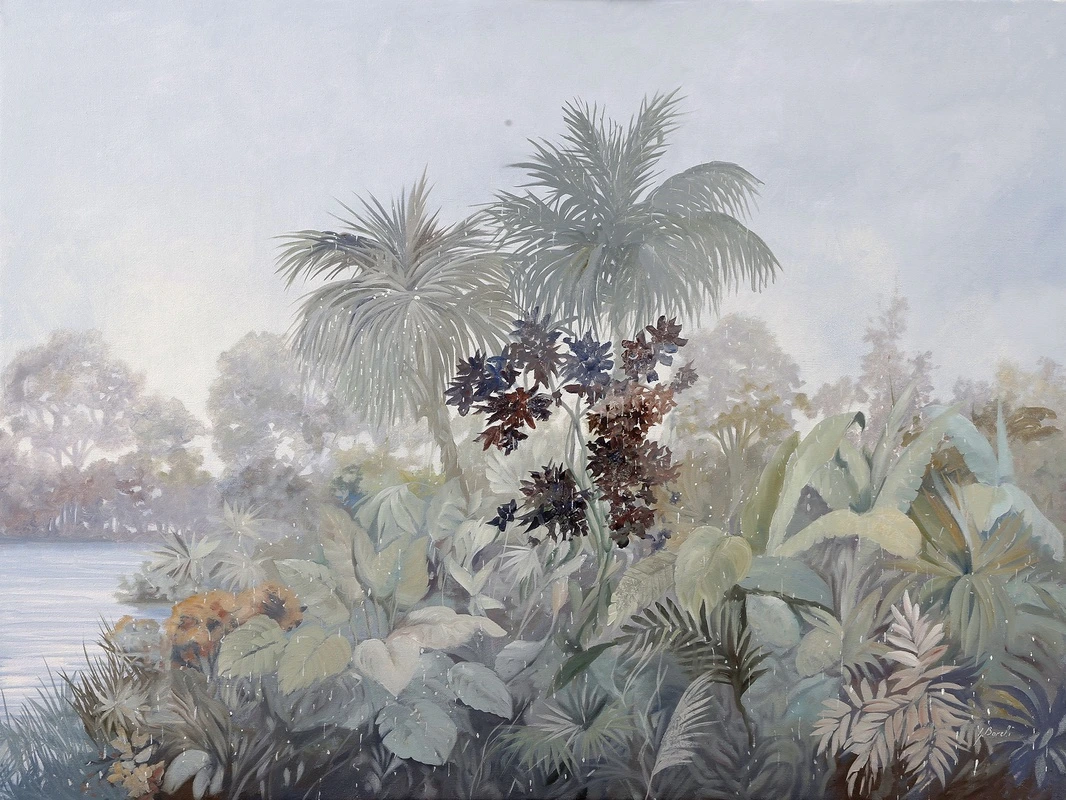 Фотообои и фрески на стену - тропический пейзаж, пальмы, банановые листья, экзотические растения, зелень, озеро, живопись, пастельные тона, для гостиной, для спальни, природа, расширяющие пространство, лето