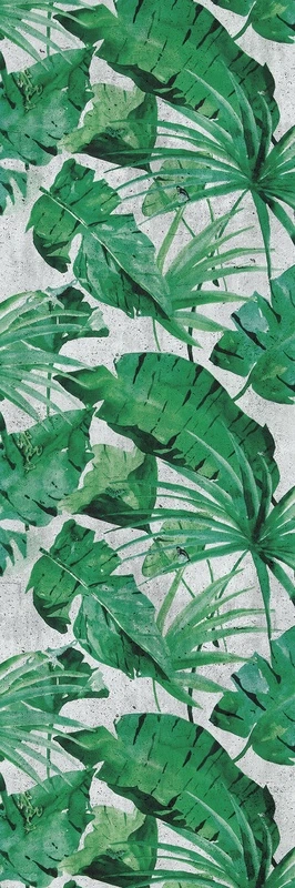 Фотообои и фрески на стену - монстера, пальмовые листья, тропический орнамент, зелень, акварельный стиль, бетонный фон, экзотика, декоративный узор, лето, для гостиной, для спальни, для офиса, природа, расширяющие пространство          Ask ChatGPT