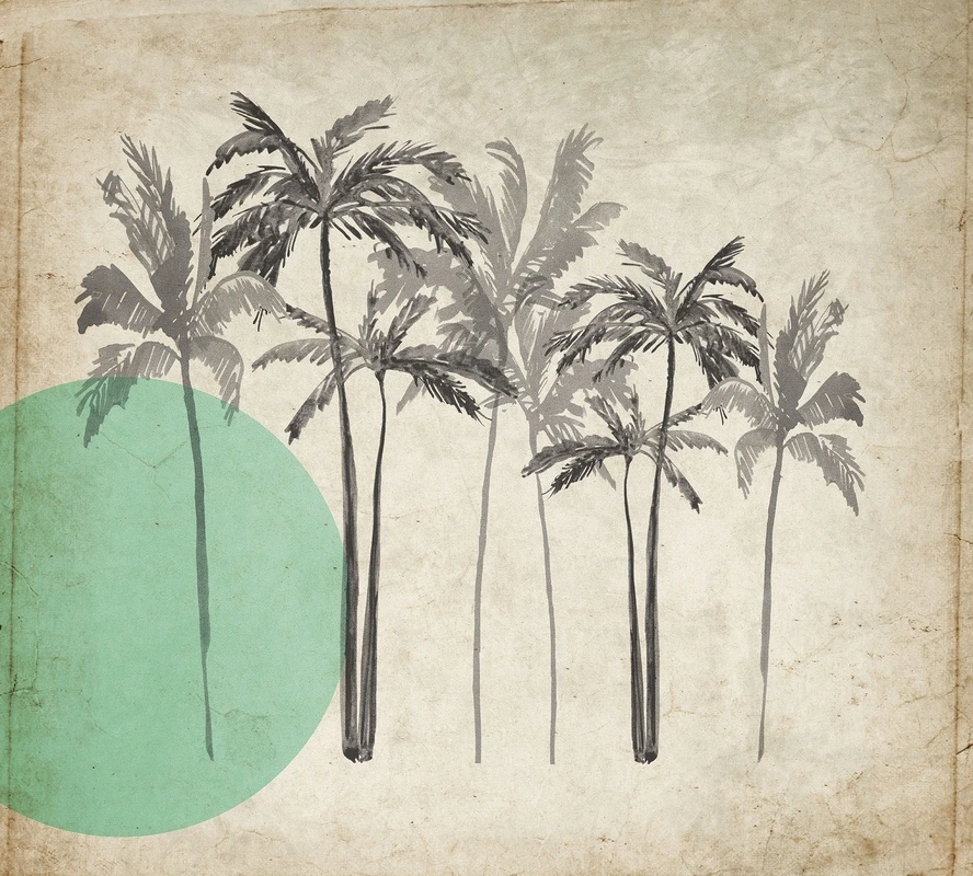 Фотообои и фрески на стену - пальмы, тропический пейзаж, винтажный стиль, ретро фон, акварель, серые силуэты, минимализм, декоративный рисунок, для гостиной, для спальни, для офиса, природа, экзотика