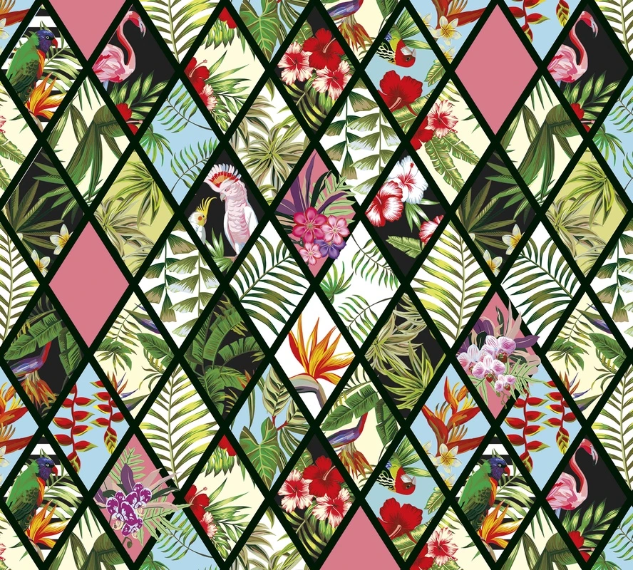Фотообои и фрески на стену - тропические листья, цветы, птицы, фламинго, попугаи, ромбовидный узор, экзотика, яркие цвета, декоративный орнамент, лето, для гостиной, для спальни, современный стиль, природа
