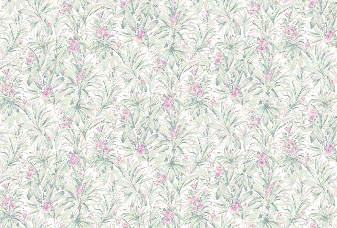 Фотообои и фрески на стену - тропические листья, розовые цветы, экзотика, нежные тона, пастельный фон, декоративный узор, лето, природа, для гостиной, для спальни, флора, тропический орнамент, расширяющие пространство