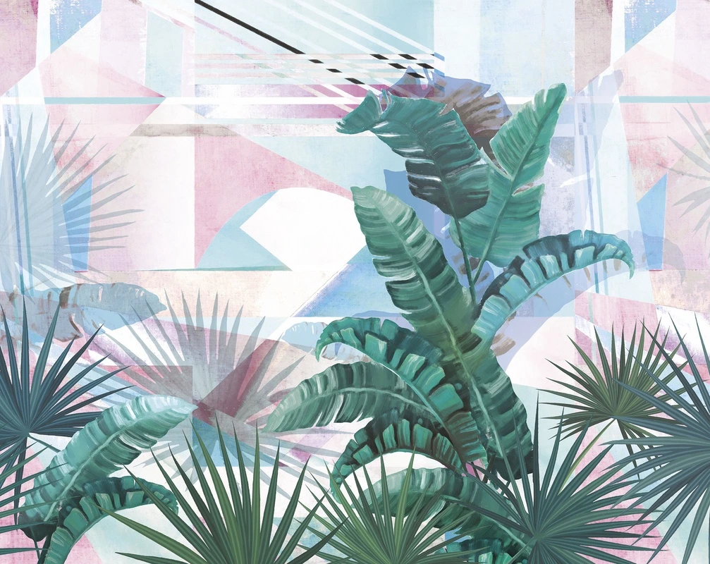Фотообои и фрески на стену - банановые листья, пальмовые листья, тропические растения, абстракция, геометрический фон, пастельные тона, экзотика, современный стиль, декоративный узор, для гостиной, для спальни, природа, лето
