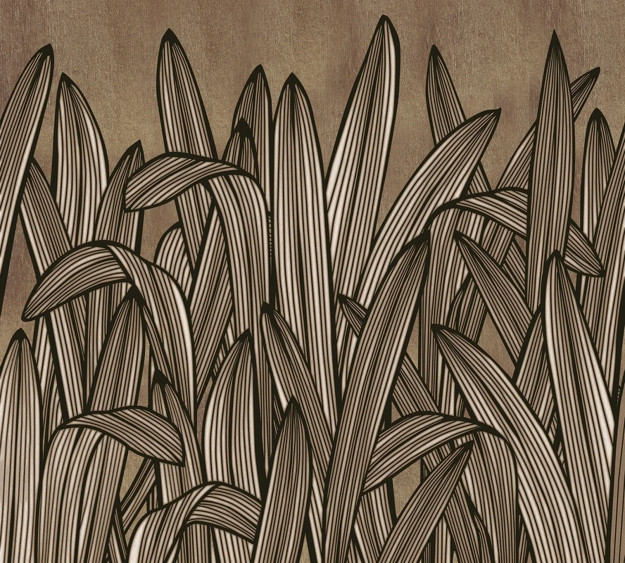 Фотообои на стену - абстракция, графический рисунок, листья, коричневый фон, минимализм, черные контуры, декоративный узор, современный стиль, для гостиной, для офиса, арт-деко, геометрия