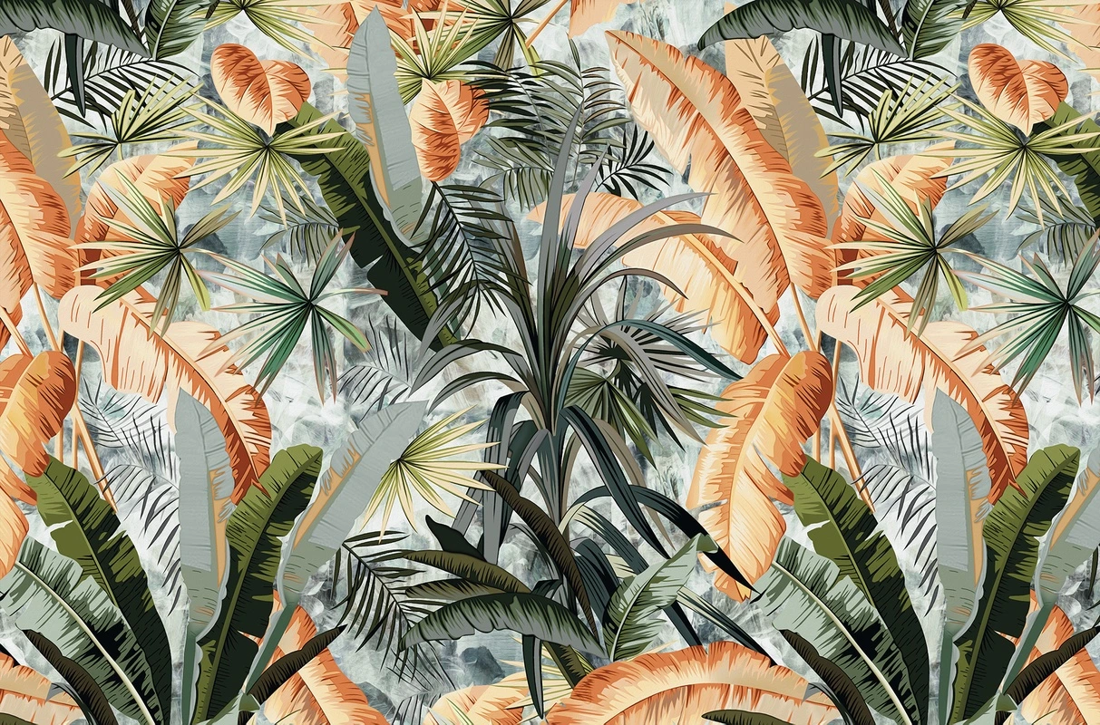 Фотообои и фрески на стену - тропические листья, оранжевые банановые листья, зеленые пальмы, экзотическая растительность, джунгли, ботанический узор, тропический принт, яркие цвета, для гостиной, для спальни, для акцентной стены, современный стиль