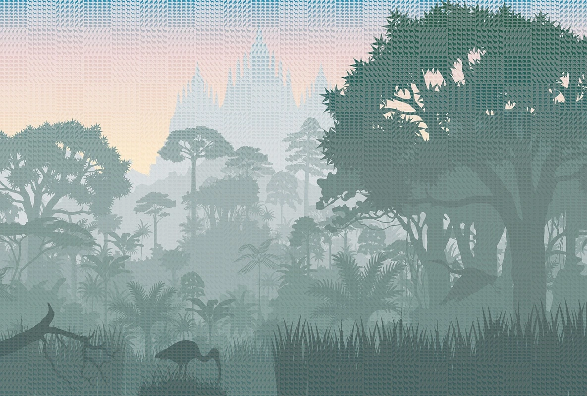 Фотообои и фрески на стену - тропический лес, джунгли на рассвете, силуэты деревьев, экзотическая растительность, утренний туман, пастельное небо, зеленые оттенки, дикая природа, для гостиной, для спальни, акцентная стена, спокойный интерьер