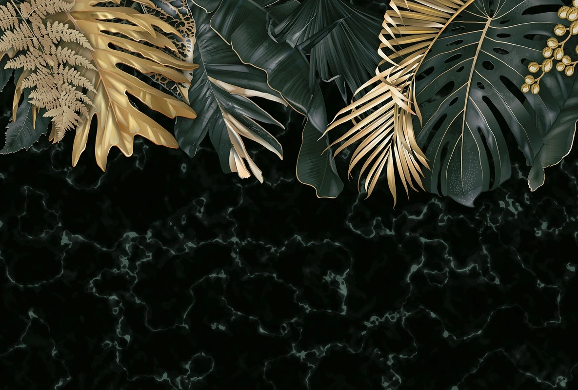 Фотообои и фрески на стену - тропические листья, золотые акценты, тёмный мраморный фон, экзотический дизайн, роскошный интерьер, ботанический орнамент, золотая пальма, монстера, декоративные растения, арт-деко стиль, для гостиной, для спальни, акцентная стена, премиум оформление