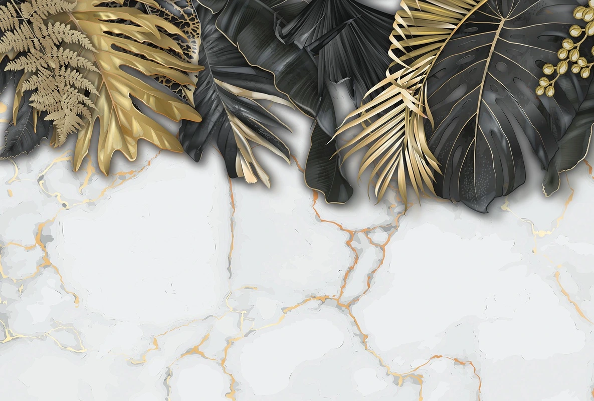 Фотообои и фрески на стену - тропические листья, золотые акценты, чёрная монстера, светлый мраморный фон, золотые прожилки, экзотический орнамент, декоративные растения, арт-деко стиль, роскошный интерьер, золотая пальма, элегантный дизайн, акцентная стена, премиум оформление, для гостиной, для спальни