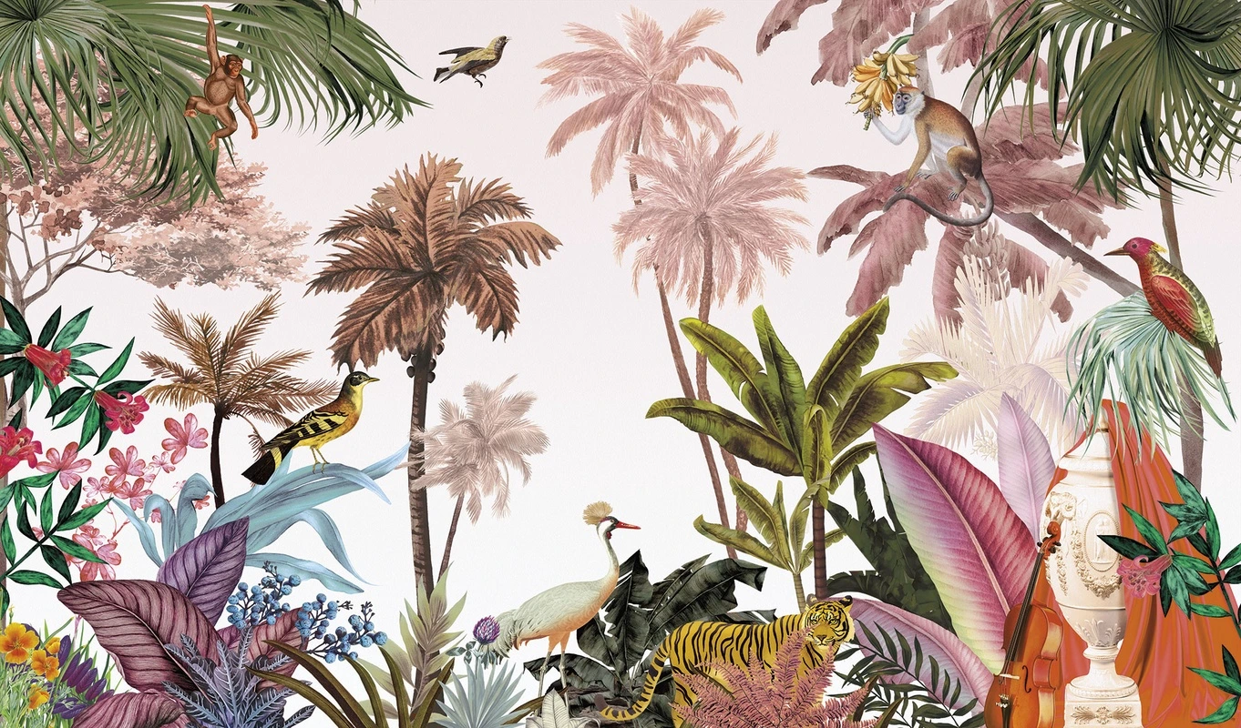 Фотообои и фрески на стену - тропические пальмы, экзотические животные, яркие цветы, розовые деревья, тигр, обезьяна с бананами, тропические птицы, цапля, декоративная ваза, скрипка, экзотический лес, ботанический стиль, тропический пейзаж, джунгли, художественная композиция, акцентная стена, для гостиной, для спальни