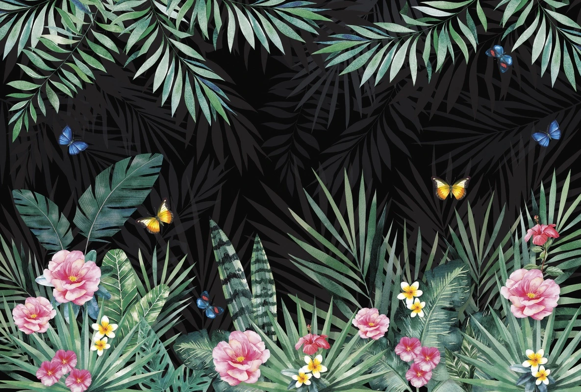 Фотообои на стену - тропические листья, пальмовые ветви, экзотические цветы, розовые бутоны, гибискус, франжипани, зелёная листва, чёрный фон, бабочки, тропический сад, летний дизайн, ботанический орнамент, цветочный узор, экзотическая флора, яркий декор, для гостиной, для спальни, акцентная стена