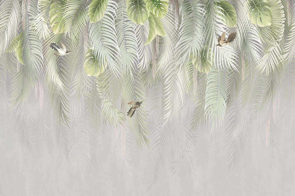 Фотообои на стену - пастельные тропические листья, пальмовые ветви, монстера, нежно-зеленые оттенки, 3D эффект, птицы, легкий фон, ботанический орнамент, современный интерьер, акцентная стена, для спальни, для гостиной, минимализм, элегантный декор, тропическая флора