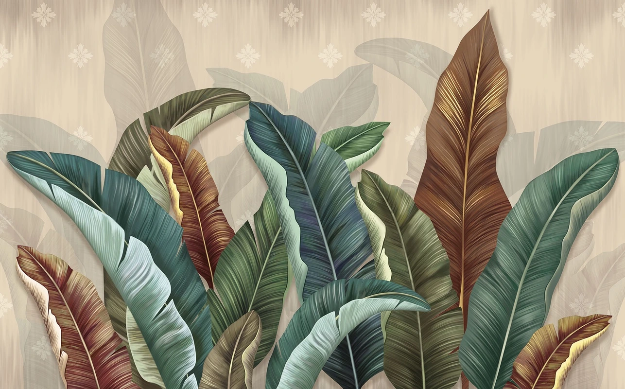 Фотообои и фрески на стену - банановые листья, тропическая флора, 3D эффект, зелёные и коричневые оттенки, ботанический орнамент, экзотические растения, акцентная стена, для гостиной, для спальни, современный интерьер, фон с узором, природный декор, яркий дизайн, джунгли