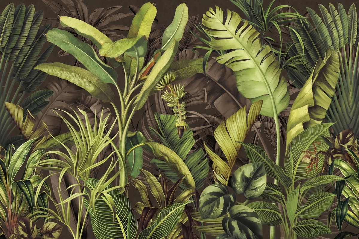 Фотообои и фрески на стену - тропические листья, банановые пальмы, экзотическая флора, джунгли, густая растительность, коричневый фон, ботанический принт, декоративные обои, интерьер, природный декор, акцентная стена, тропики, зелень, растения, экзотический дизайн