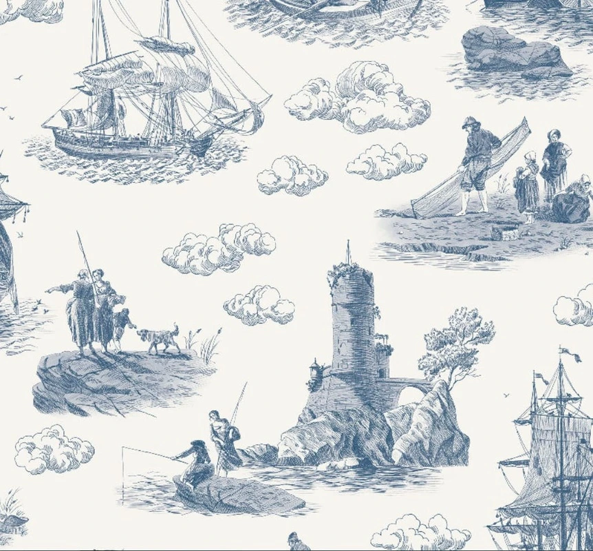 Фотообои на стену - графика, нежная, голубая, корабль, на белом фоне