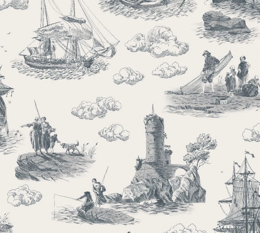 Фотообои и фрески на стену - графика, нежная, черно-белая, корабль, на белом фоне