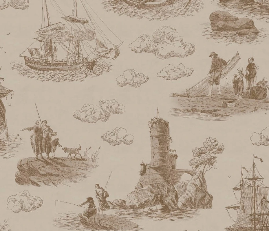 Фотообои на стену - графика, бежевые, нежная, корабль, серо-бежевая