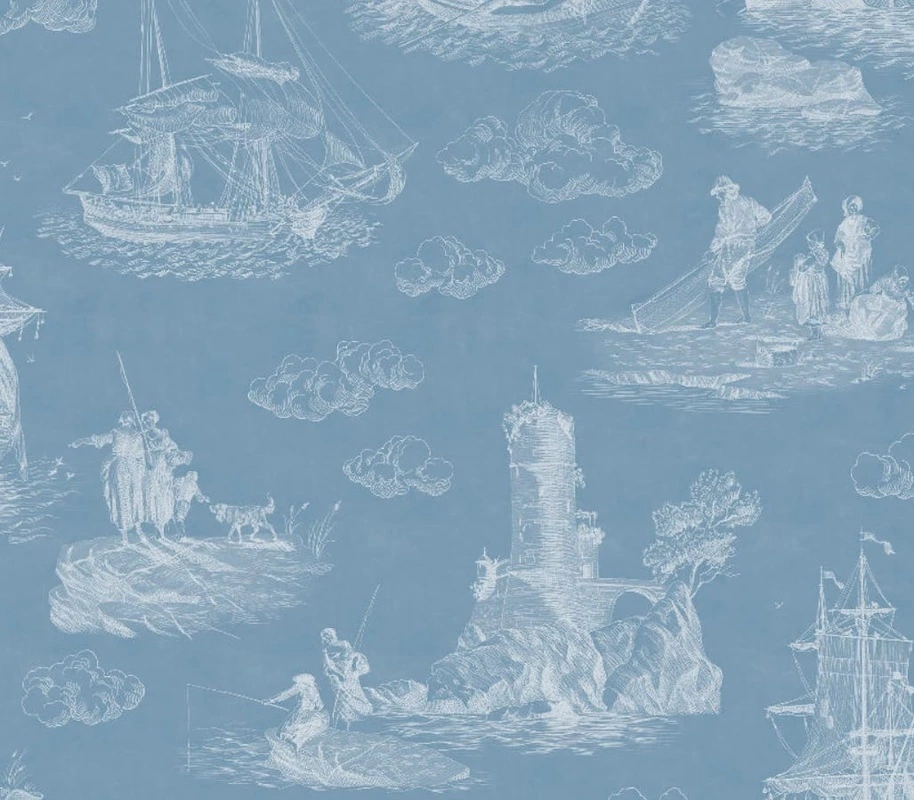 Фотообои и фрески на стену - графика, белая, нежная, корабль, голубая