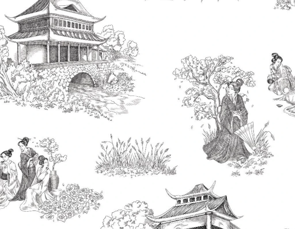 Фотообои и фрески на стену - графика, японские, стильные, нежная, черно-белая, на белом фоне