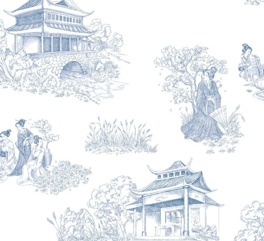 Фотообои и фрески на стену - графика, японские, стильные, нежная, голубая, серо-голубая, на белом фоне