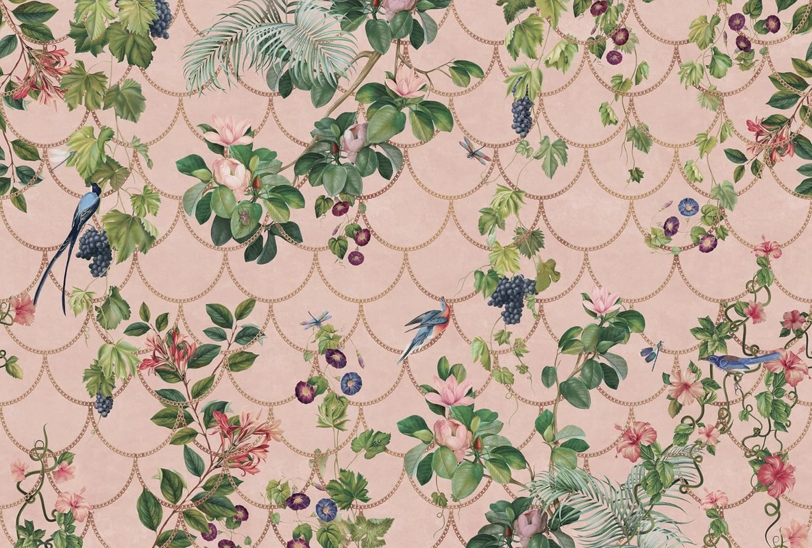 Фотообои на стену - шинуазри, цветы, листья, цепи, розовая, персиковая