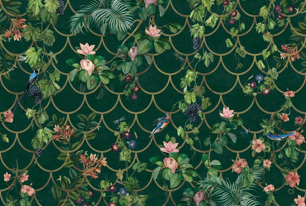 Фотообои на стену - шинуазри, цветы, листья, цепи, зеленая, яркая