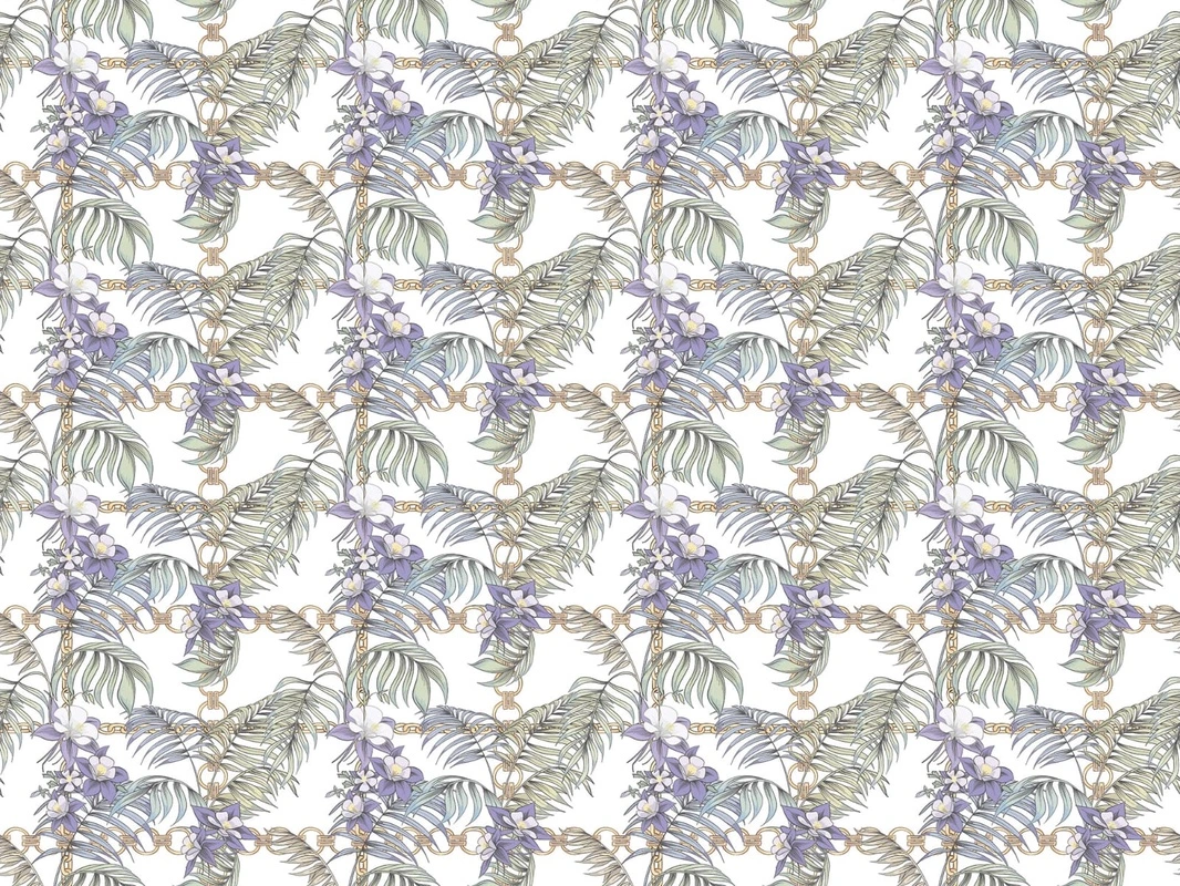 Фотообои на стену - шинуазри, цепи, листья, цветы, на белом фоне