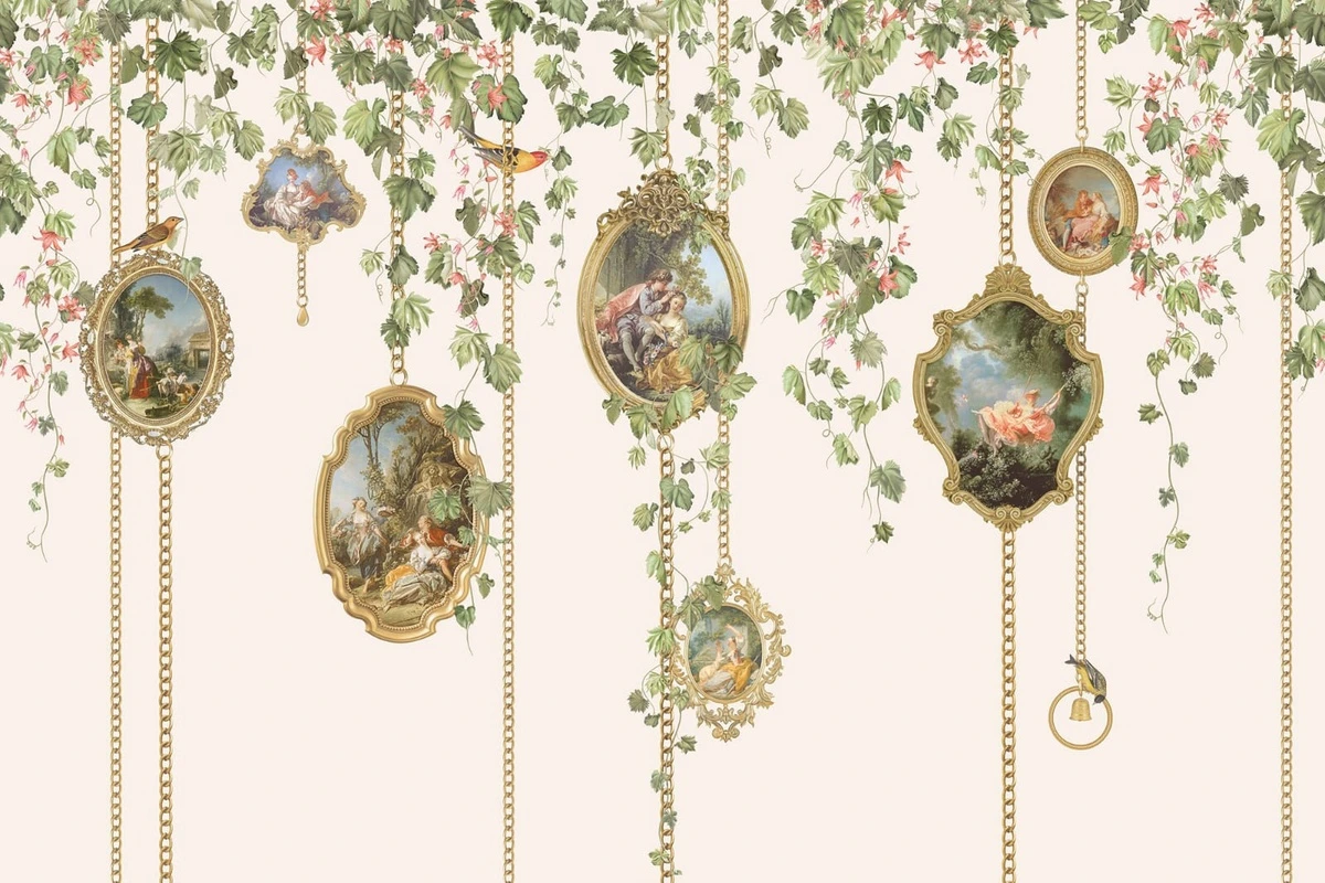 Фотообои на стену - живопись, картины, медальоны, ветки, листья, лианы, зеленая, розовая, кремовая