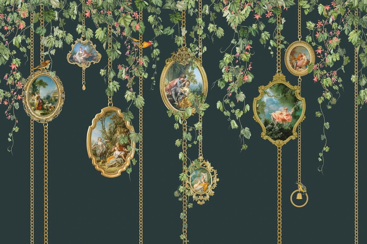 Фотообои на стену - живопись, картины, медальоны, ветки, листья, лианы, зеленая, темно зеленая, темные