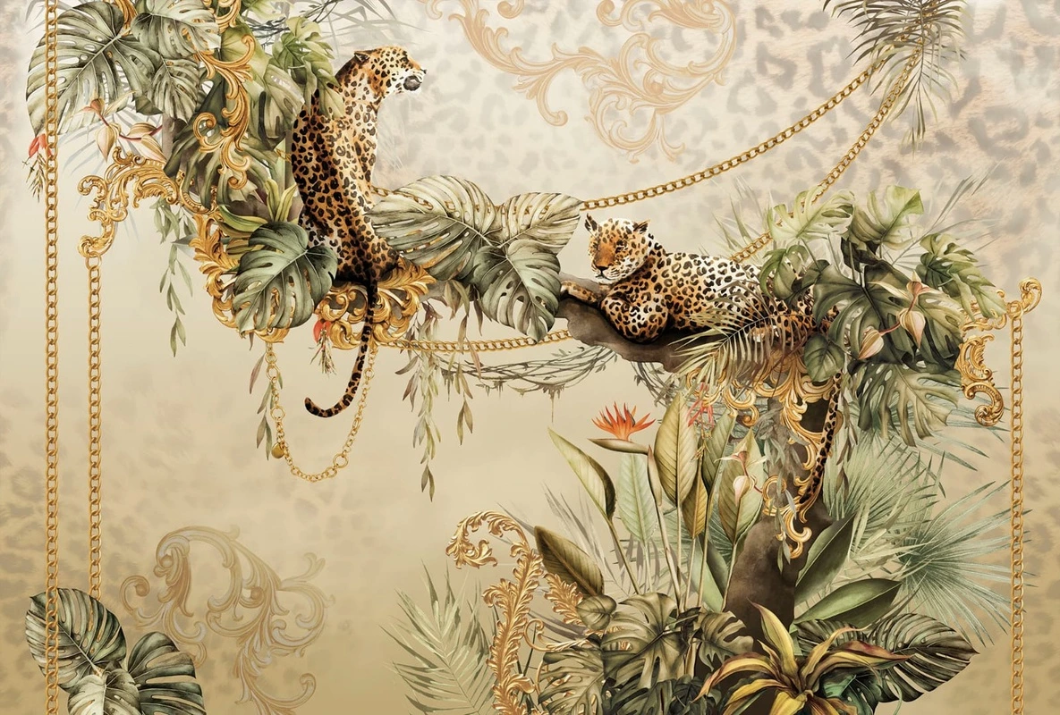 Фотообои на стену - в загородный дом, леопард, песочная, цепи, листья