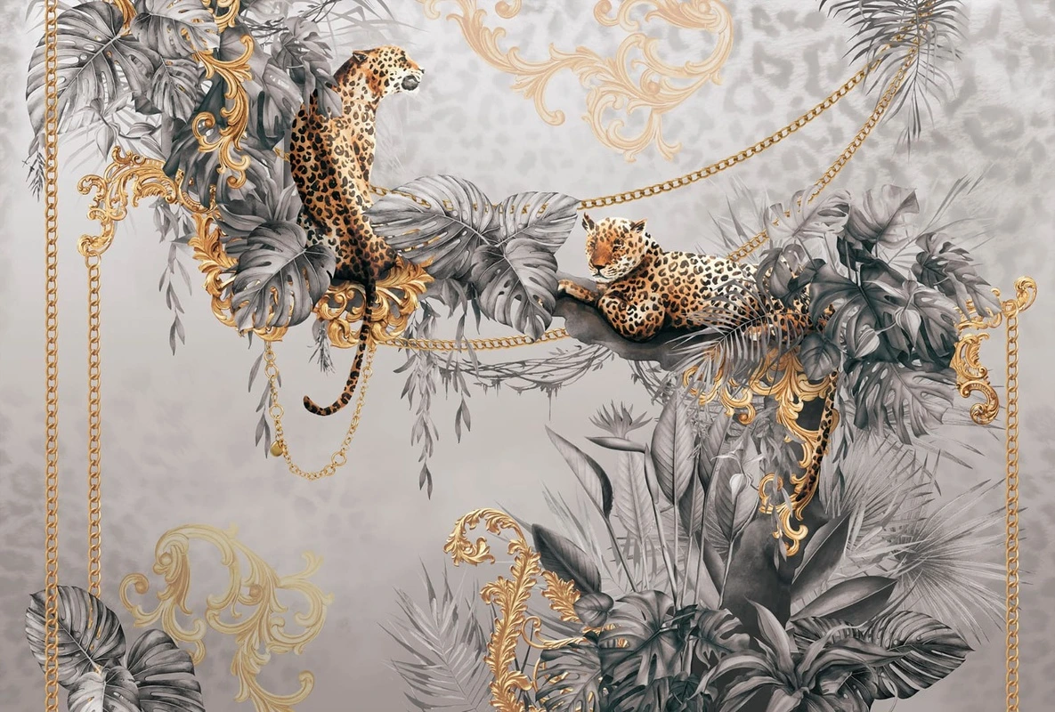 Фотообои на стену - в загородный дом, леопард, серая, цепи, листья, золотые