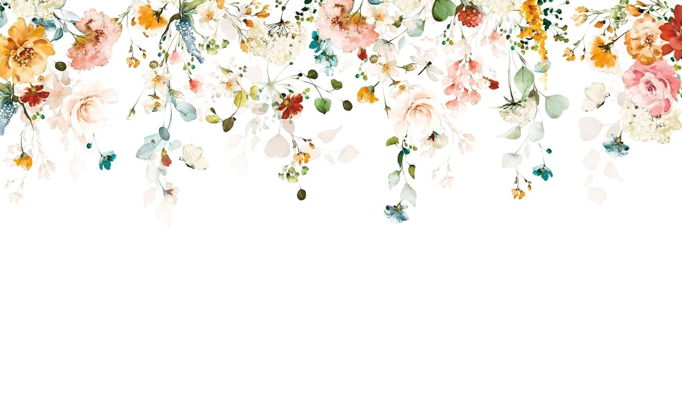 Фотообои и фрески на стену - цветы, свисающие, желтая, розовая, зеленая, на белом фоне