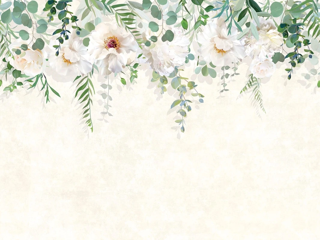 Фотообои на стену - цветы, свисающие, белые пионы, на белом фоне, зеленые листья