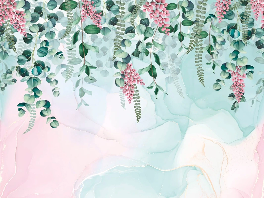 Фотообои на стену - цветы, свисающие, ветки, листья, зеленая, глициния, розовая