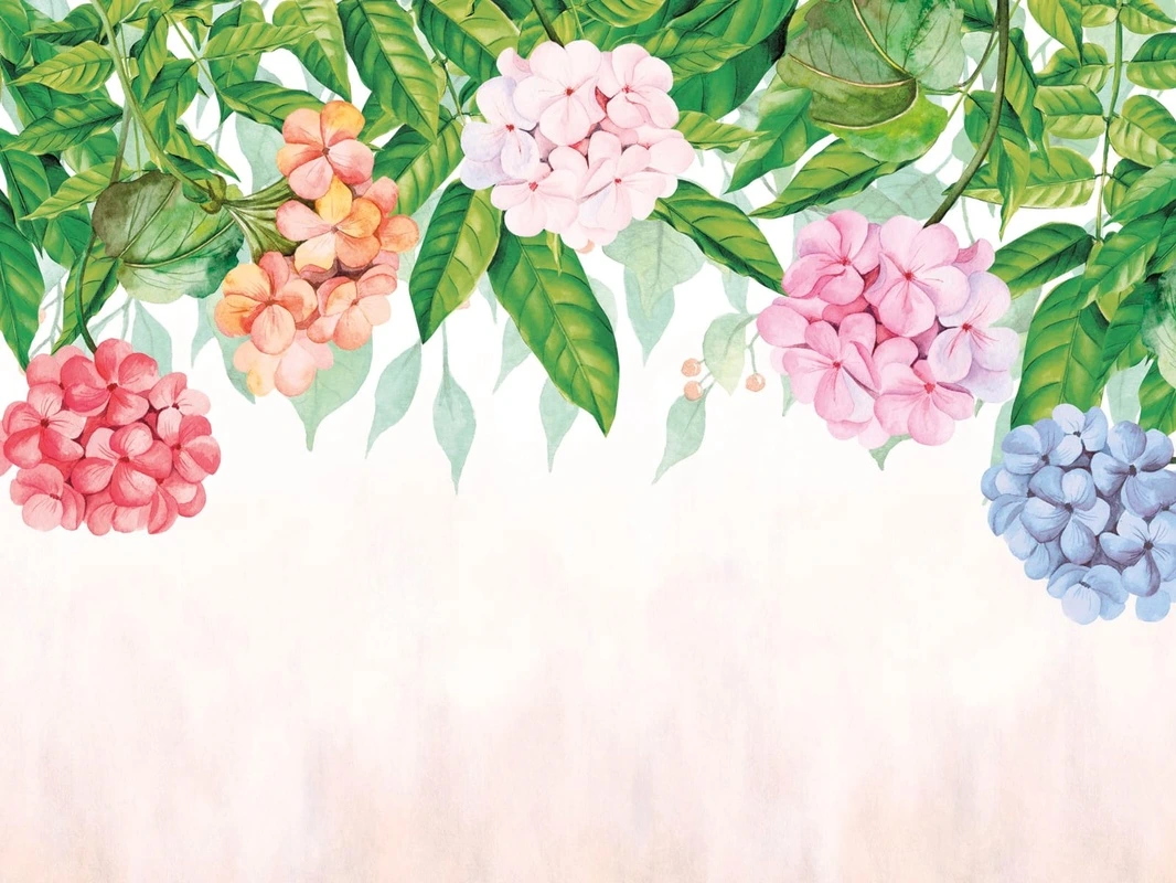 Фотообои на стену - цветы, свисающие, крупные, яркие, разноцветные, зеленая, листья