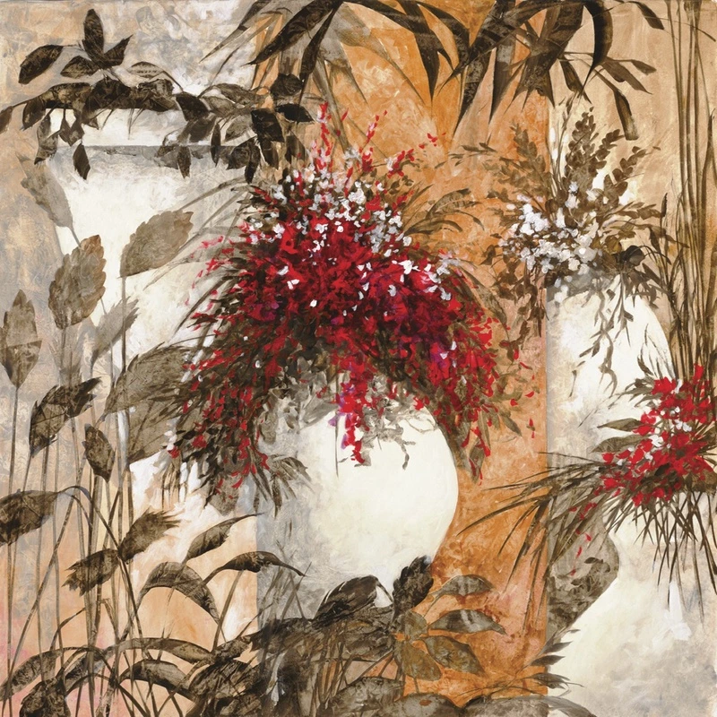 Фотообои на стену - цветы, красная, дерево, ствол, бежевые