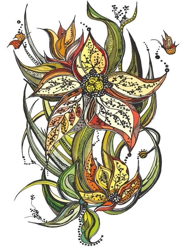 Фотообои и фрески на стену - цветы, графика, красная, зеленая, желтая, абстракция