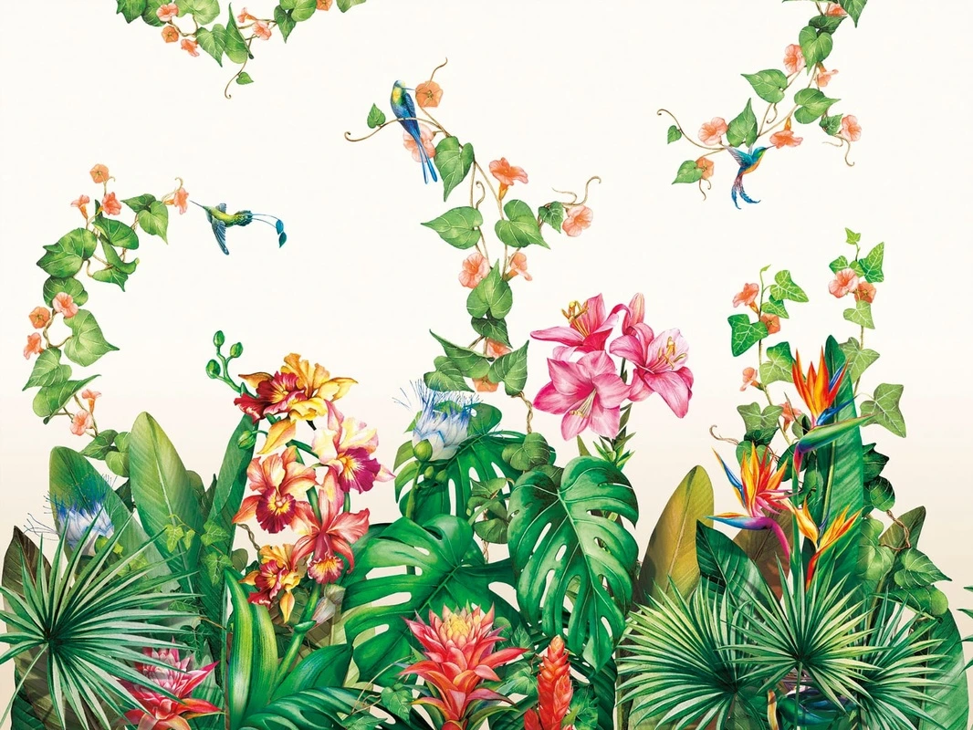 Фотообои на стену - цветы, тропические листья, тропики, лилии, красная