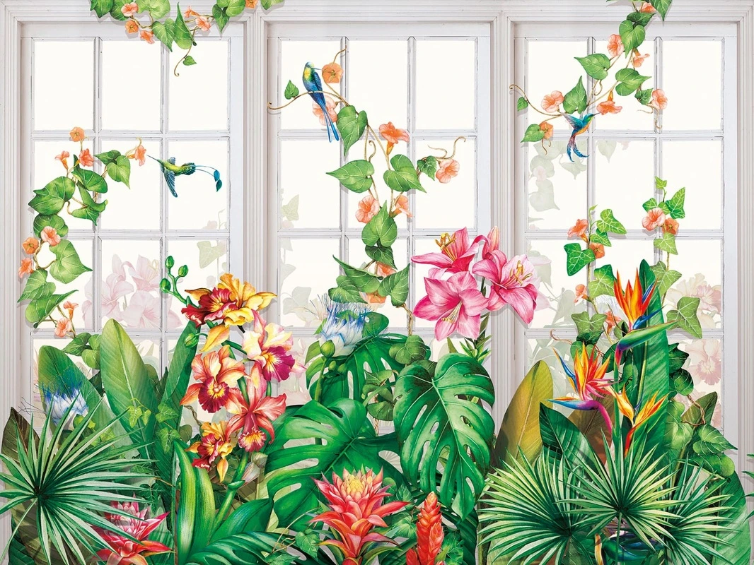 Фотообои на стену - цветы, окно, листья тропические, зеленая, розовая, зелень