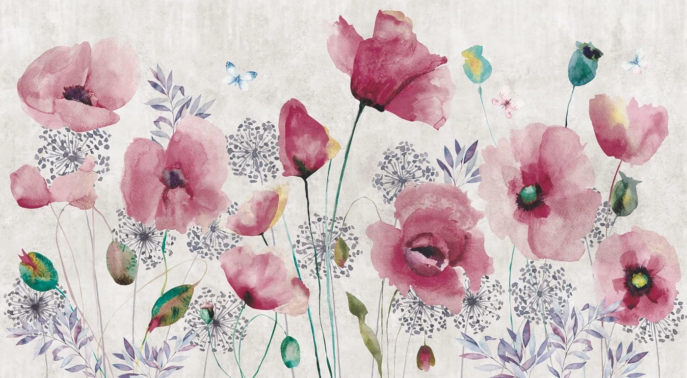 Фотообои на стену - цветы, маки, сиреневая, вишневая, на розовом фоне, на бежевом фоне